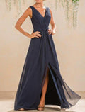 NumberSea - A - Line Bridesmaid Dress V Neck Sleeveless Open Back Floor Length Chiffon with Pleats / Split Front