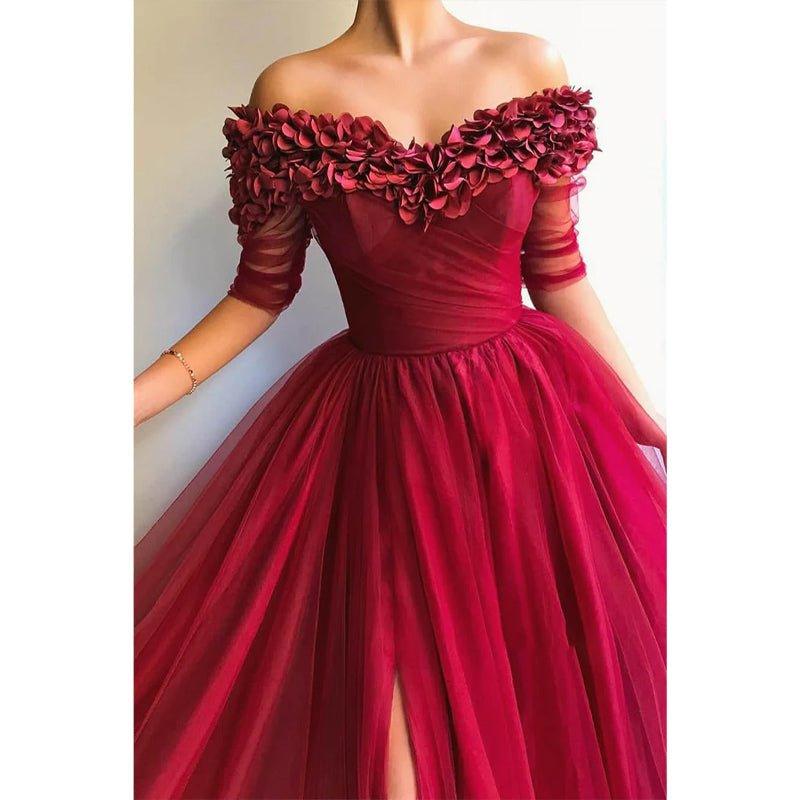 NumberSea - A - line Burgundy Tulle Off - the - shoulder Appliques Long Formal Evening Dress with Slit