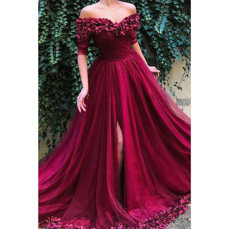 NumberSea - A - line Burgundy Tulle Off - the - shoulder Appliques Long Formal Evening Dress with Slit