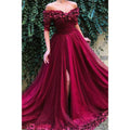 NumberSea - A - line Burgundy Tulle Off - the - shoulder Appliques Long Formal Evening Dress with Slit