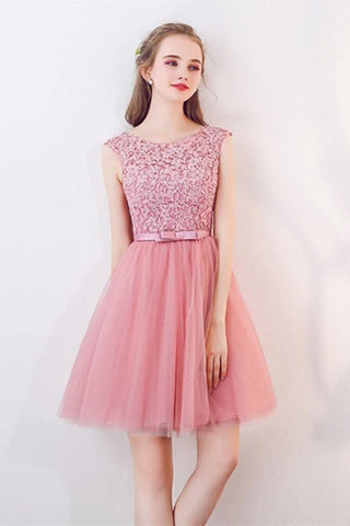 A-Line Cap Sleeves Appliques Bowknot Crystal Sashes Homecoming Dress