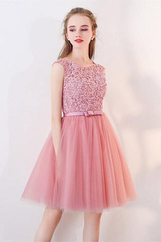 A-Line Cap Sleeves Appliques Bowknot Crystal Sashes Homecoming Dress