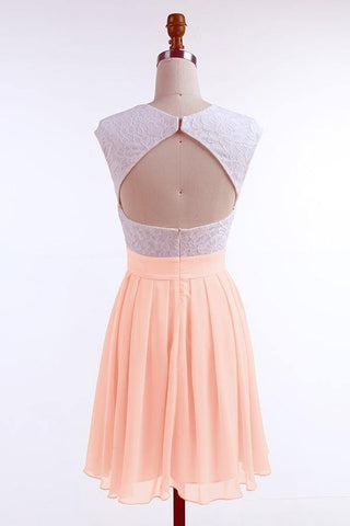 A-line Cap Sleeves Short Pearl Pink Chiffon Homecoming Dress with Lace