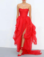 NumberSea - A - Line Celebrity Style Empire Engagement Formal Evening Birthday Dress Strapless Sleeveless Court Train Tulle with Ruched Ruffles Slit