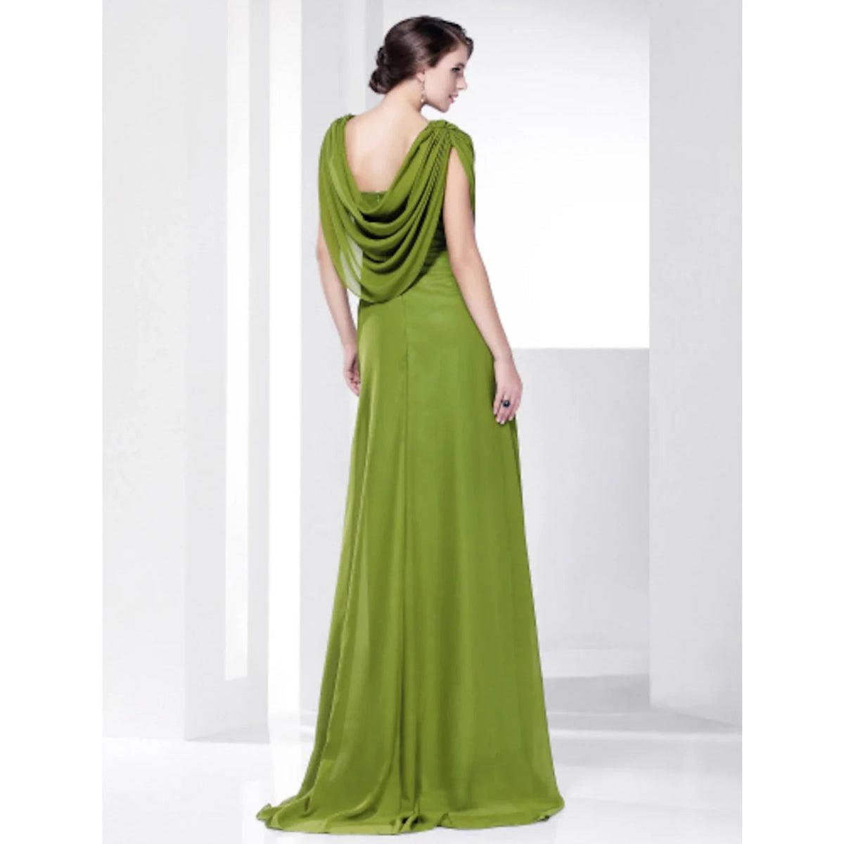 NumberSea - A - Line Celebrity Style Inspired Formal Evening Military Ball Dress Cowl Neck Short Sleeve Sweep / Brush Train Chiffon with