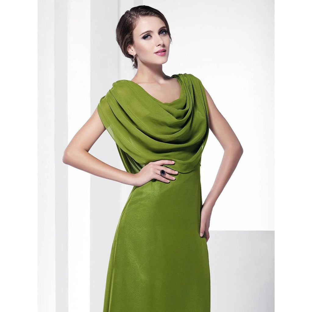 NumberSea - A - Line Celebrity Style Inspired Formal Evening Military Ball Dress Cowl Neck Short Sleeve Sweep / Brush Train Chiffon with