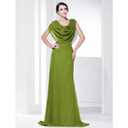 NumberSea - A - Line Celebrity Style Inspired Formal Evening Military Ball Dress Cowl Neck Short Sleeve Sweep / Brush Train Chiffon with