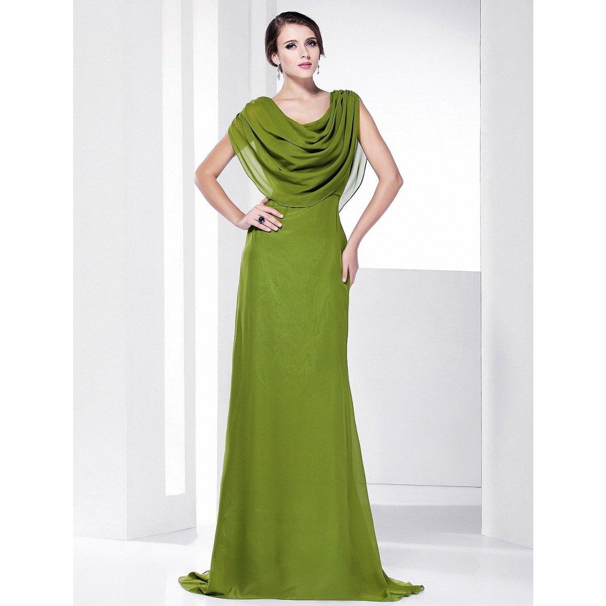 NumberSea - A - Line Celebrity Style Inspired Formal Evening Military Ball Dress Cowl Neck Short Sleeve Sweep / Brush Train Chiffon with