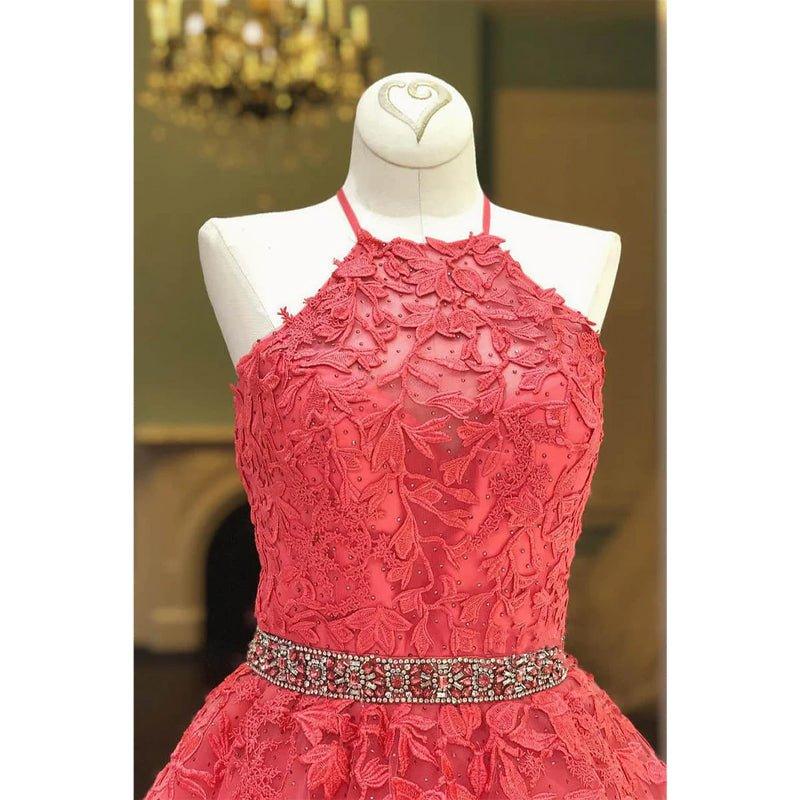 NumberSea - A - line Chic Halter Tulle Appliques Long Prom Dress Formal Evening Gowns