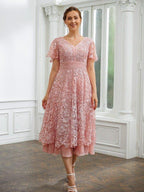 NumberSea - A - Line Chiffon Applique V - neck Short Sleeves Length Dresses