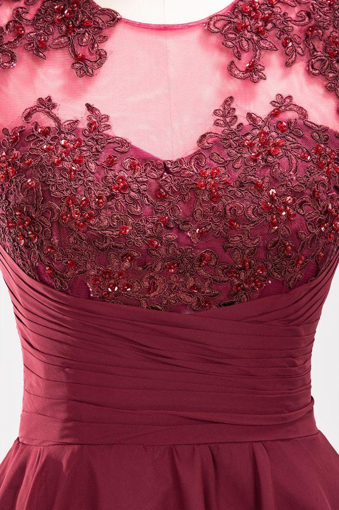 Vestidos de dama de honor de gasa con apliques, joya, sin mangas, hasta la rodilla, con volantes