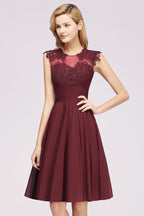 Vestidos de dama de honor de gasa con apliques, joya, sin mangas, hasta la rodilla, con volantes