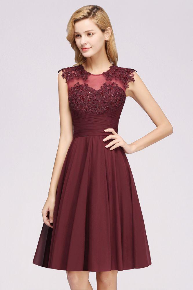 Vestidos de dama de honor de gasa con apliques, joya, sin mangas, hasta la rodilla, con volantes