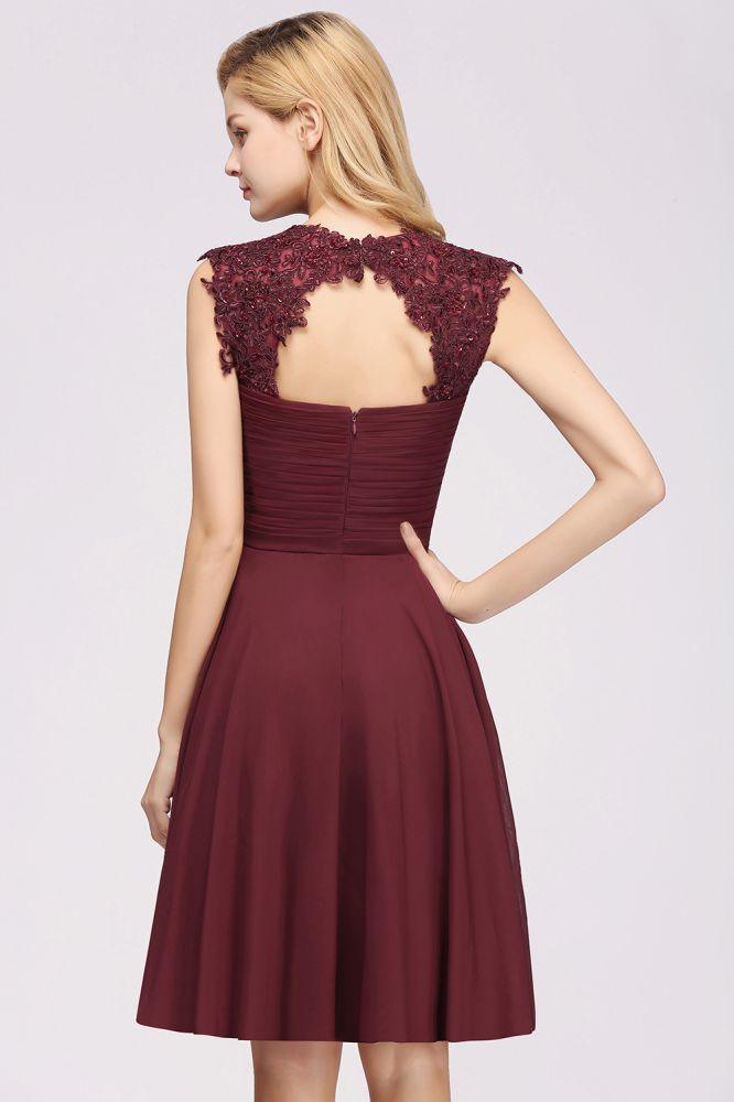 Vestidos de dama de honor de gasa con apliques, joya, sin mangas, hasta la rodilla, con volantes
