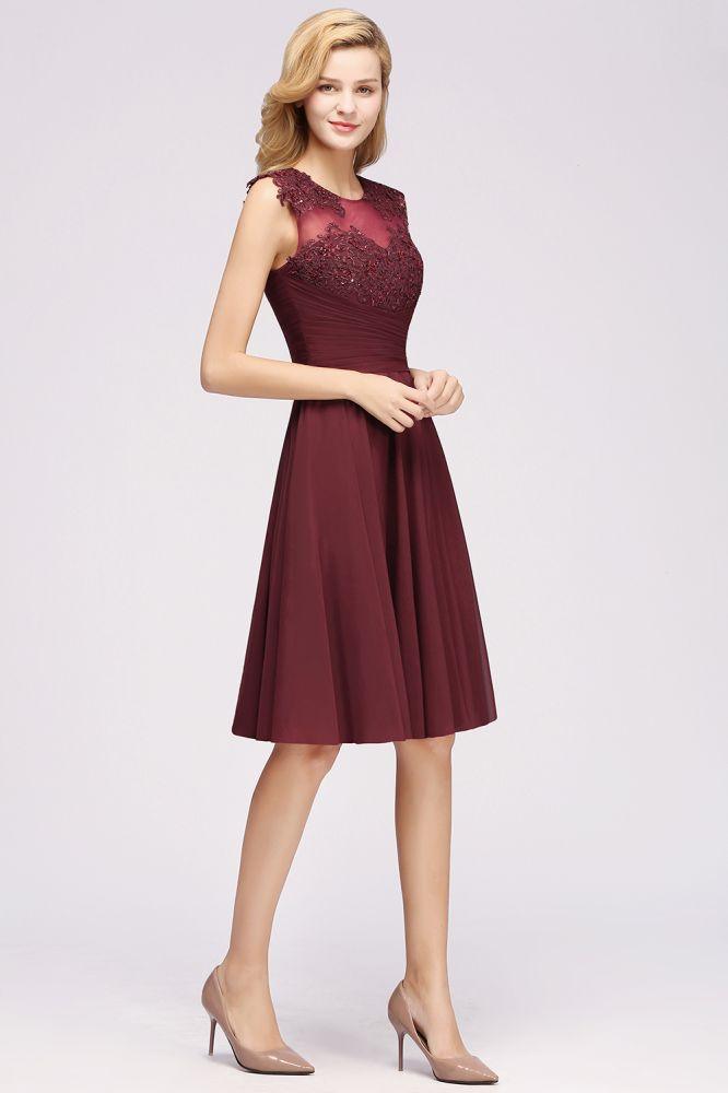 Vestidos de dama de honor de gasa con apliques, joya, sin mangas, hasta la rodilla, con volantes