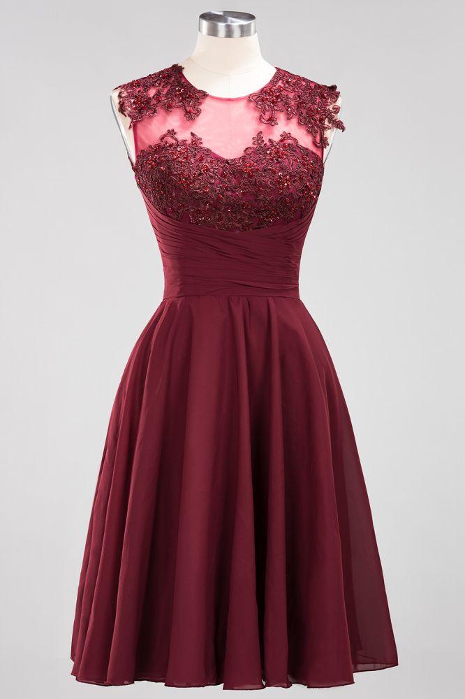 Vestidos de dama de honor de gasa con apliques, joya, sin mangas, hasta la rodilla, con volantes