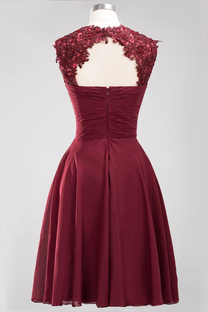 Vestidos de dama de honor de gasa con apliques, joya, sin mangas, hasta la rodilla, con volantes