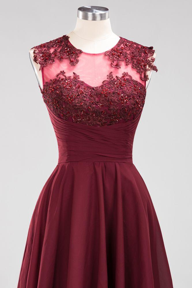 Vestidos de dama de honor de gasa con apliques, joya, sin mangas, hasta la rodilla, con volantes