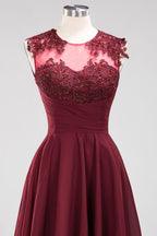 Vestidos de dama de honor de gasa con apliques, joya, sin mangas, hasta la rodilla, con volantes