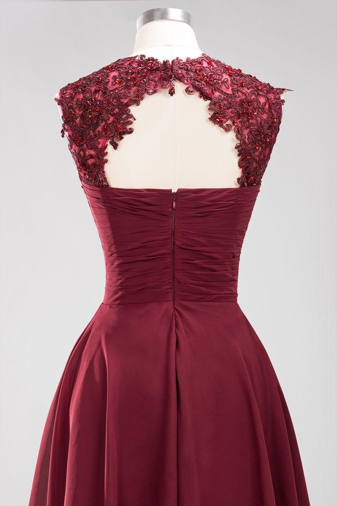 Vestidos de dama de honor de gasa con apliques, joya, sin mangas, hasta la rodilla, con volantes