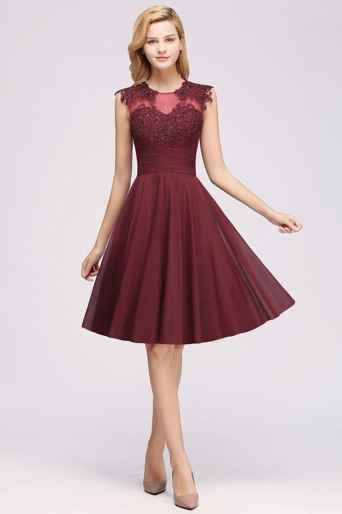 Vestidos de dama de honor de gasa con apliques, joya, sin mangas, hasta la rodilla, con volantes