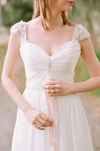 NumberSea - A - line Chiffon Cap Sleeves High Waist Wedding Dress Fashion Wedding Dress