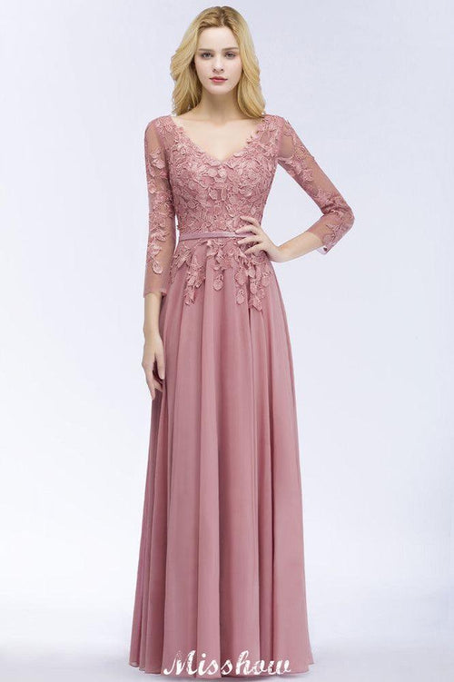 Vestido de dama de honor de gasa, corte A, largo hasta el suelo, con apliques, escote en V y mangas largas.