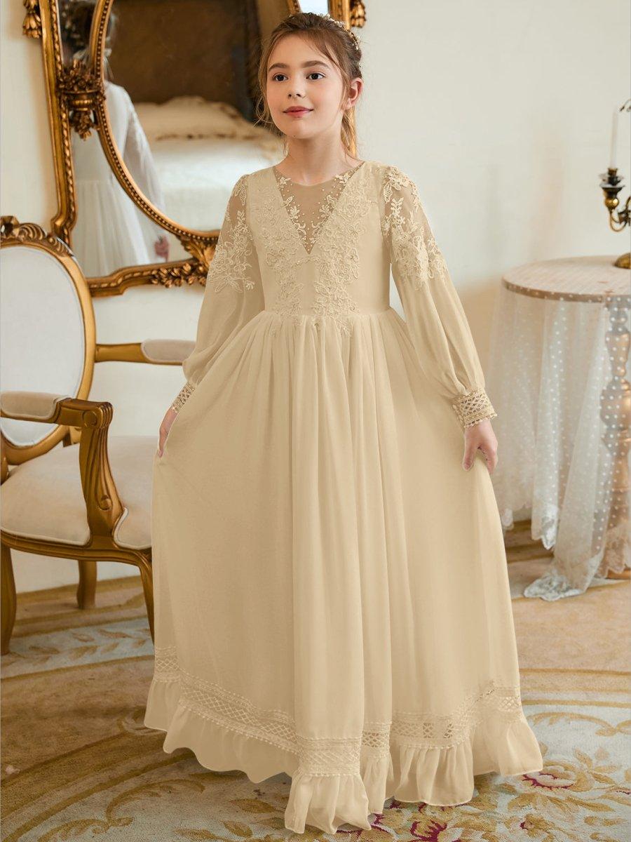 chiffon communion dresses Modest Long Sleeves First Communion Dress Celestial 3301 New Lace Pre-Order Custom <11 / As in the photo (Ivory)