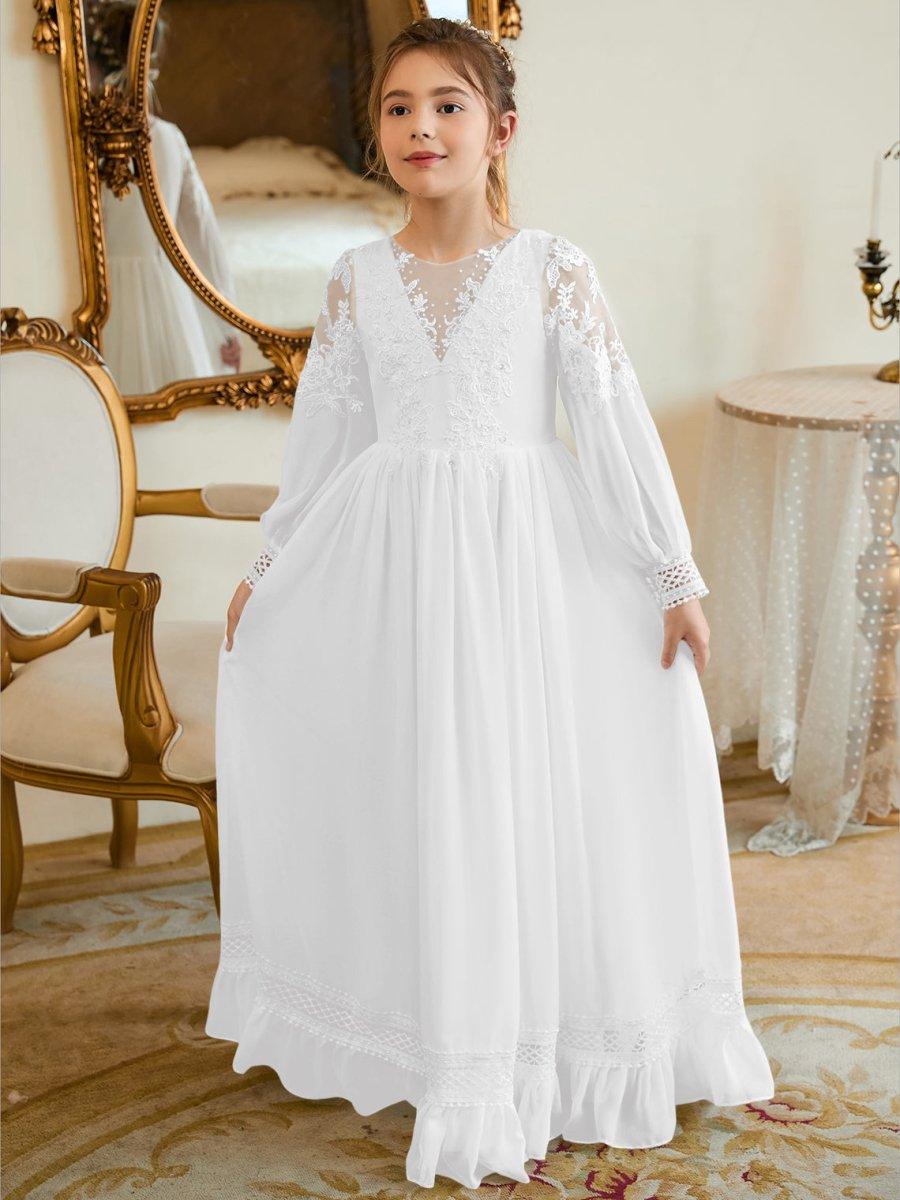 white christmas dresses A-Line Chiffon Floor-Length Ivory First Communion Dress Dark Green / 8Y