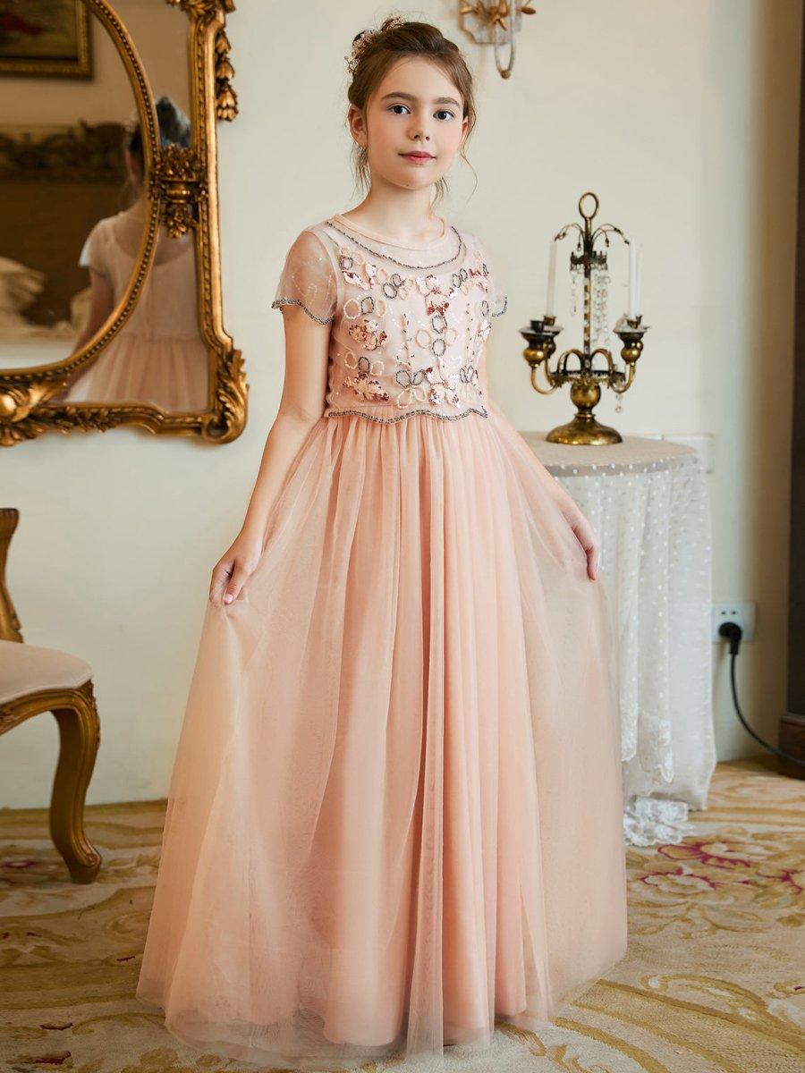 NumberSea - A - line Chiffon Floor - length Pink Flower Girl Dress