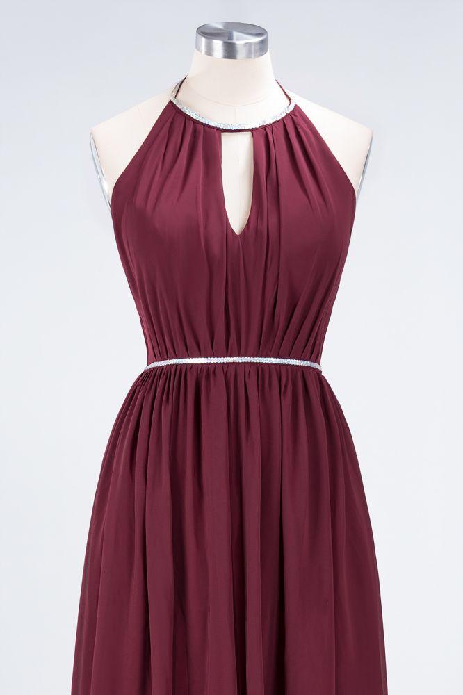 A-line Chiffon Halter Sleeveless Floor-Length Bridesmaid Dress with Beading Sash