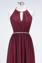 A-line Chiffon Halter Sleeveless Floor-Length Bridesmaid Dress with Beading Sash