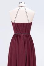 A-line Chiffon Halter Sleeveless Floor-Length Bridesmaid Dress with Beading Sash