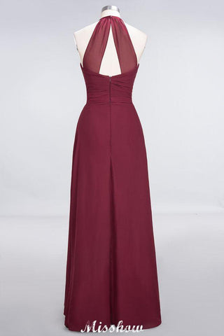 A-Line Chiffon Halter V-Neck Sleeveless Floor-Length Bridesmaid Dress with Ruffle