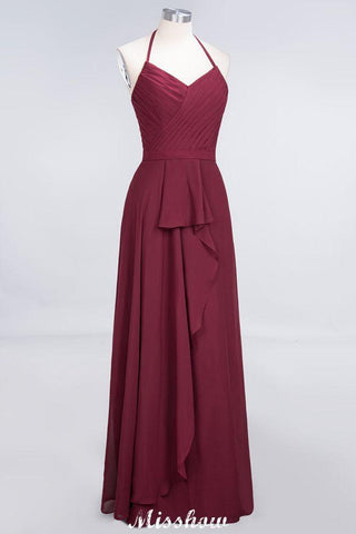 A-Line Chiffon Halter V-Neck Sleeveless Floor-Length Bridesmaid Dress with Ruffle