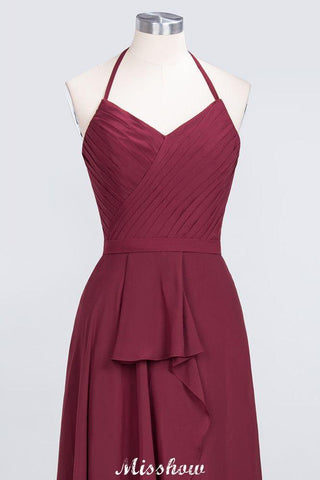 A-Line Chiffon Halter V-Neck Sleeveless Floor-Length Bridesmaid Dress with Ruffle