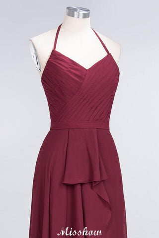 A-Line Chiffon Halter V-Neck Sleeveless Floor-Length Bridesmaid Dress with Ruffle