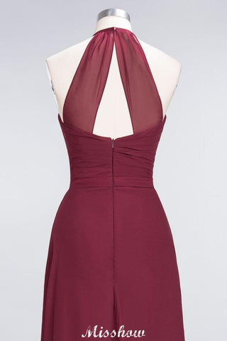 A-Line Chiffon Halter V-Neck Sleeveless Floor-Length Bridesmaid Dress with Ruffle