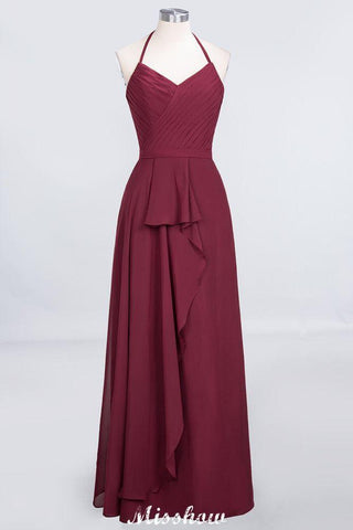A-Line Chiffon Halter V-Neck Sleeveless Floor-Length Bridesmaid Dress with Ruffle