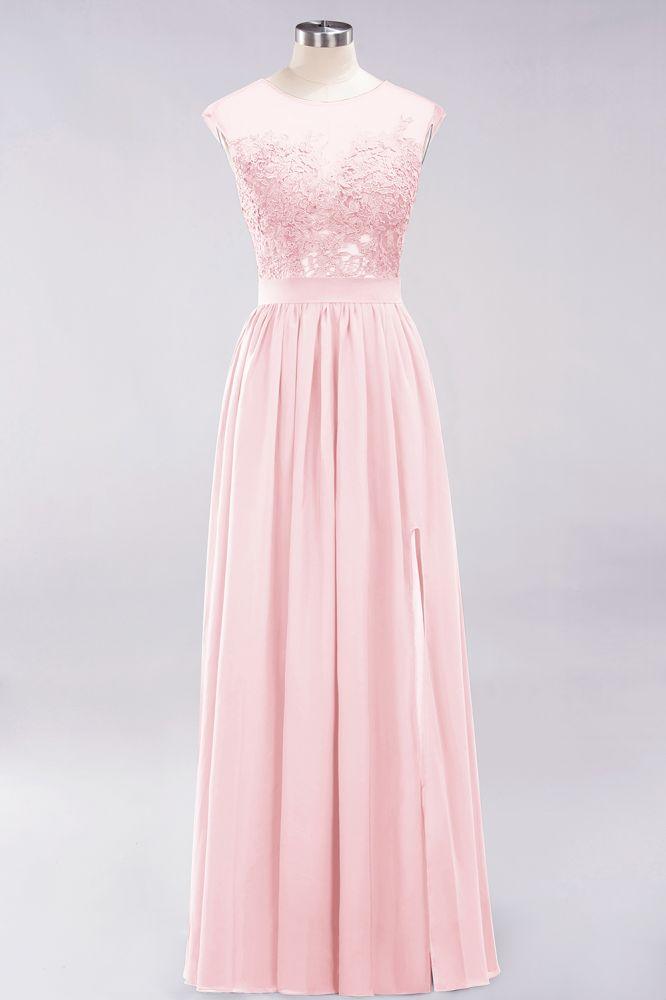 A-Linie Chiffon Spitze Juwel Ärmellos Bodenlang Brautjungfernkleider mit Applikationen