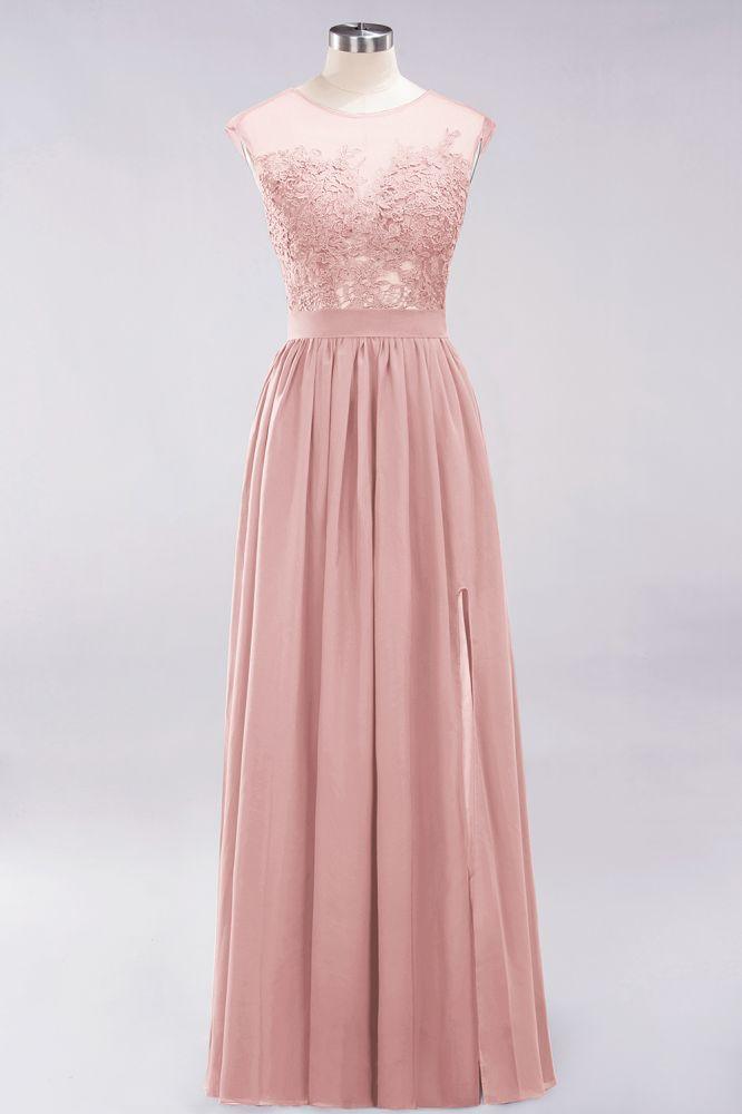 A-Linie Chiffon Spitze Juwel Ärmellos Bodenlang Brautjungfernkleider mit Applikationen
