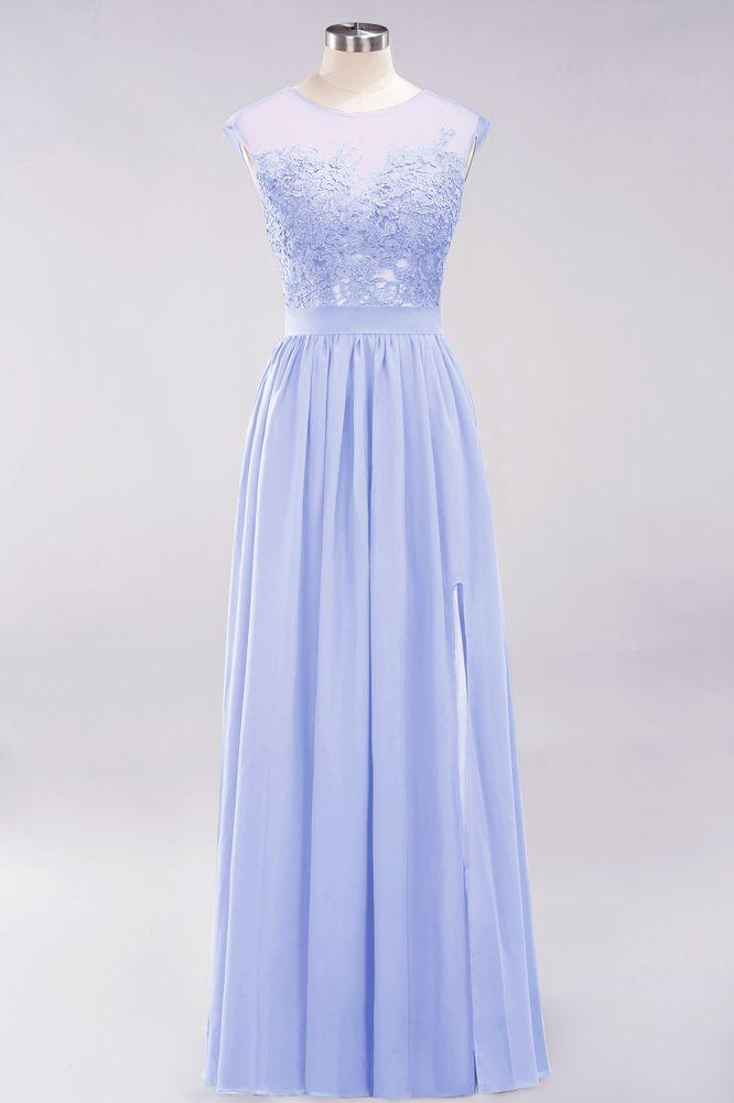 A-Linie Chiffon Spitze Juwel Ärmellos Bodenlang Brautjungfernkleider mit Applikationen