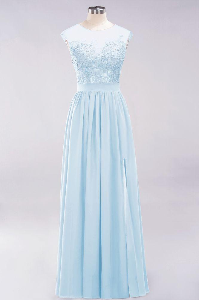 A-Linie Chiffon Spitze Juwel Ärmellos Bodenlang Brautjungfernkleider mit Applikationen