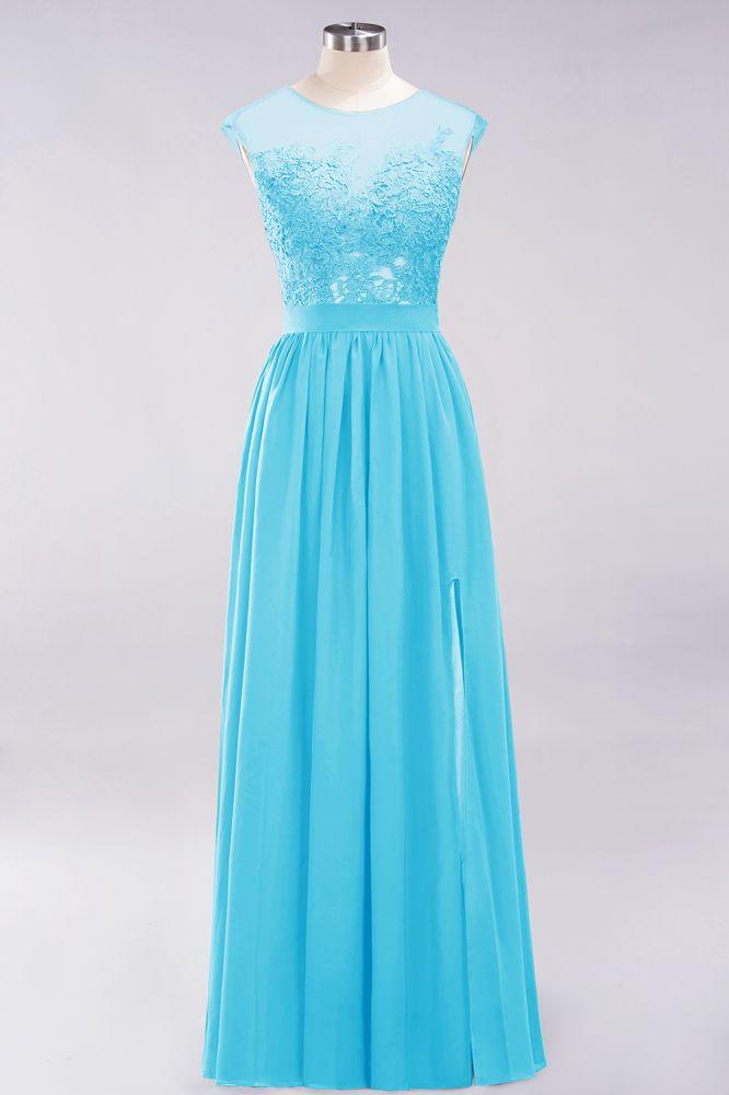 A-Linie Chiffon Spitze Juwel Ärmellos Bodenlang Brautjungfernkleider mit Applikationen