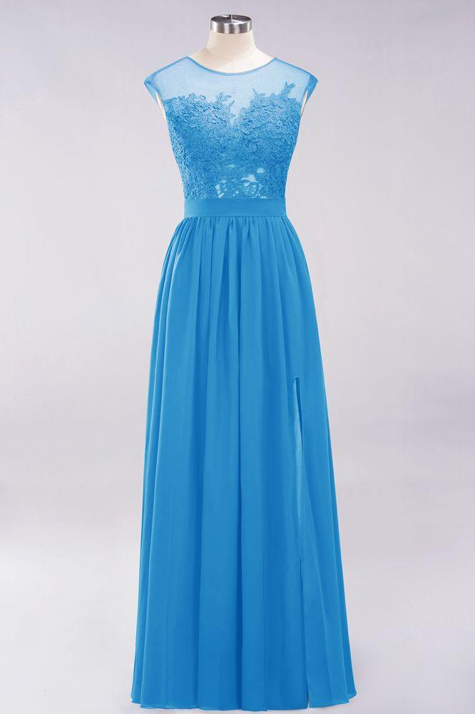 A-Linie Chiffon Spitze Juwel Ärmellos Bodenlang Brautjungfernkleider mit Applikationen