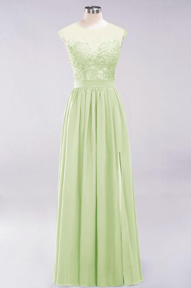 A-Linie Chiffon Spitze Juwel Ärmellos Bodenlang Brautjungfernkleider mit Applikationen