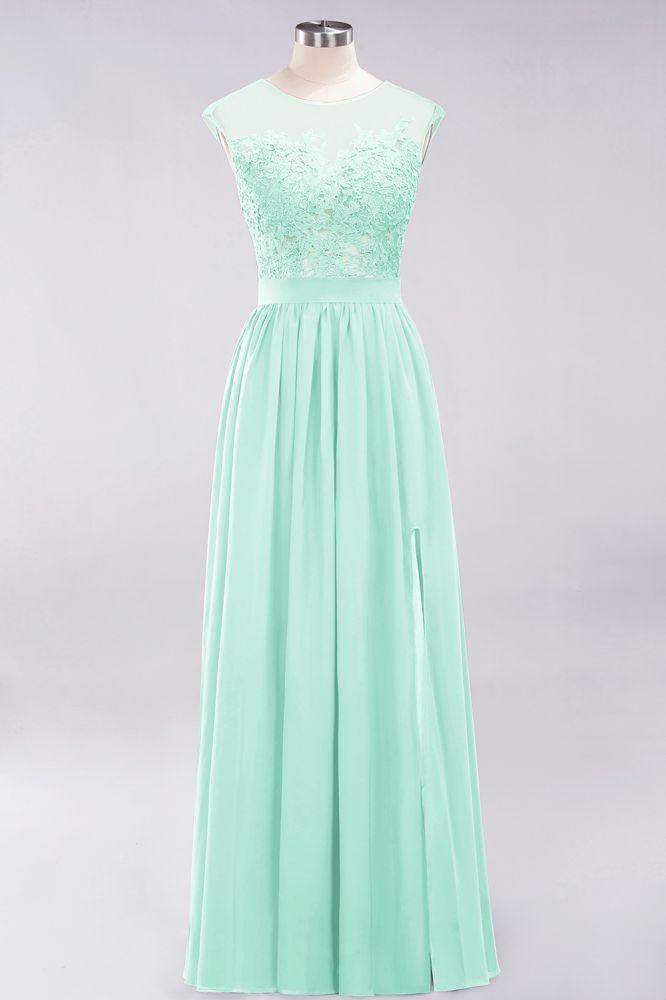A-Linie Chiffon Spitze Juwel Ärmellos Bodenlang Brautjungfernkleider mit Applikationen