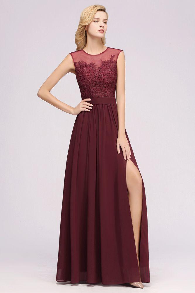 A-Linie Chiffon Spitze Juwel Ärmellos Bodenlang Brautjungfernkleider mit Applikationen