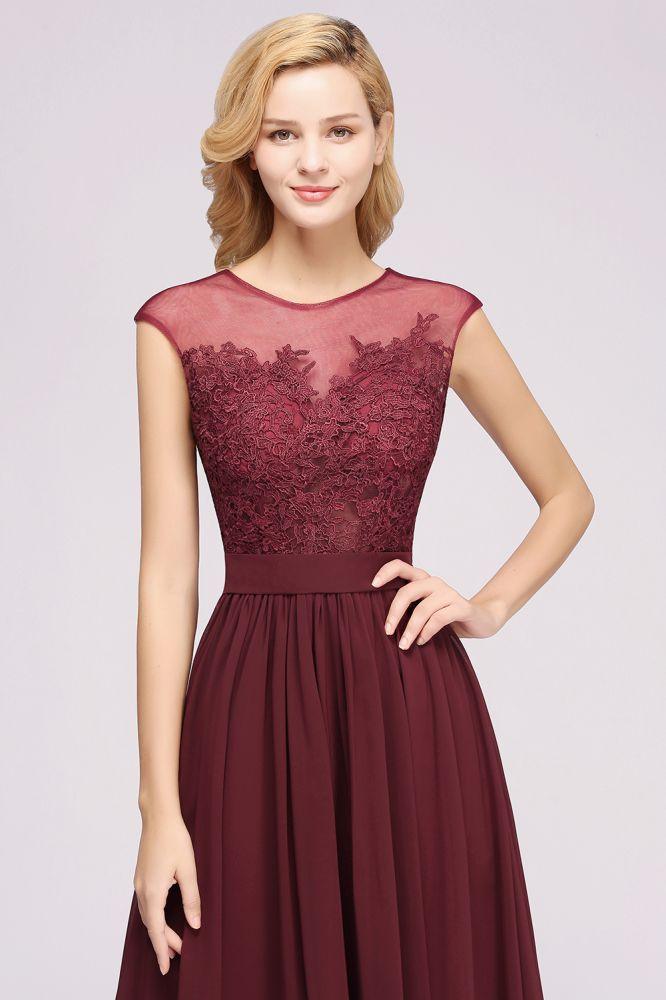 A-Linie Chiffon Spitze Juwel Ärmellos Bodenlang Brautjungfernkleider mit Applikationen