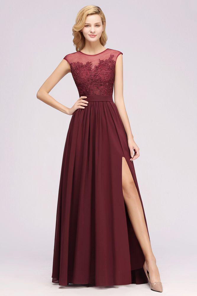 A-Linie Chiffon Spitze Juwel Ärmellos Bodenlang Brautjungfernkleider mit Applikationen
